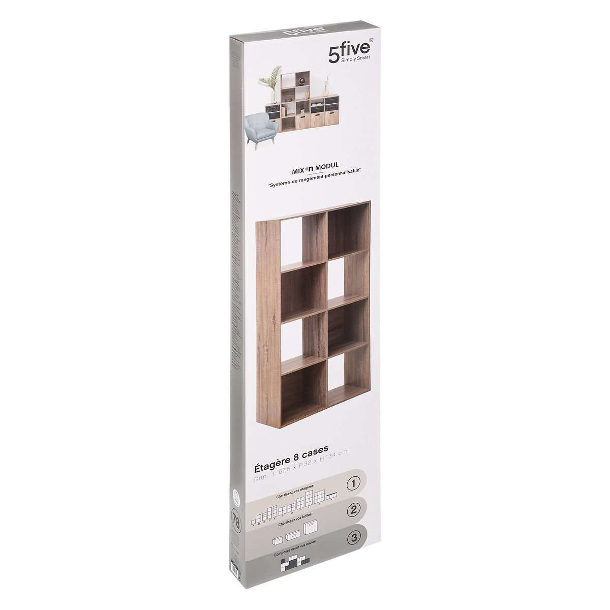 Five polica mix 8 otvora modul 67.5x32x134cm furnir natur - Image 3