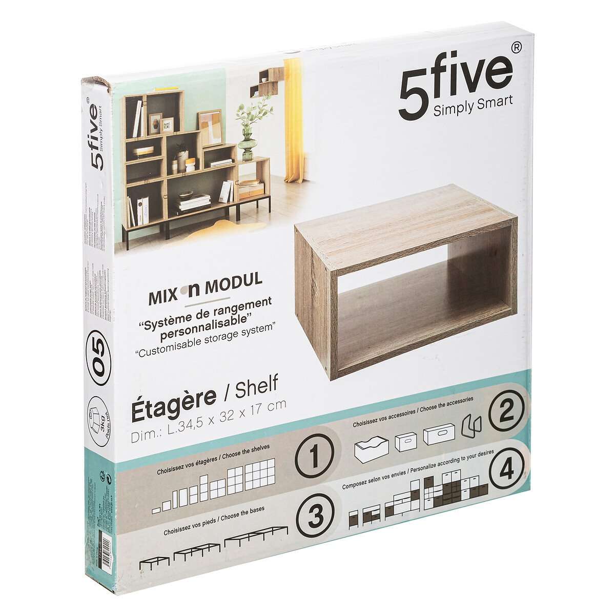 Five zidna polica mix modul 36x32x18cm furnir, natural - Image 3