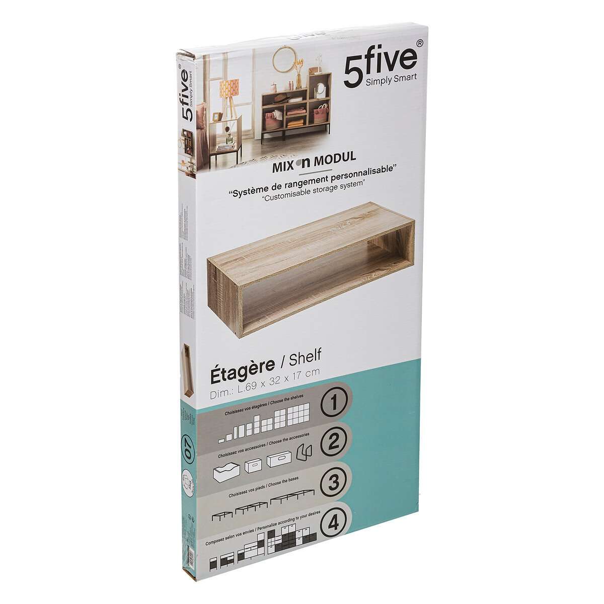 Five zidna polica mix modul 69x32x17cm furnir, natural - Image 5
