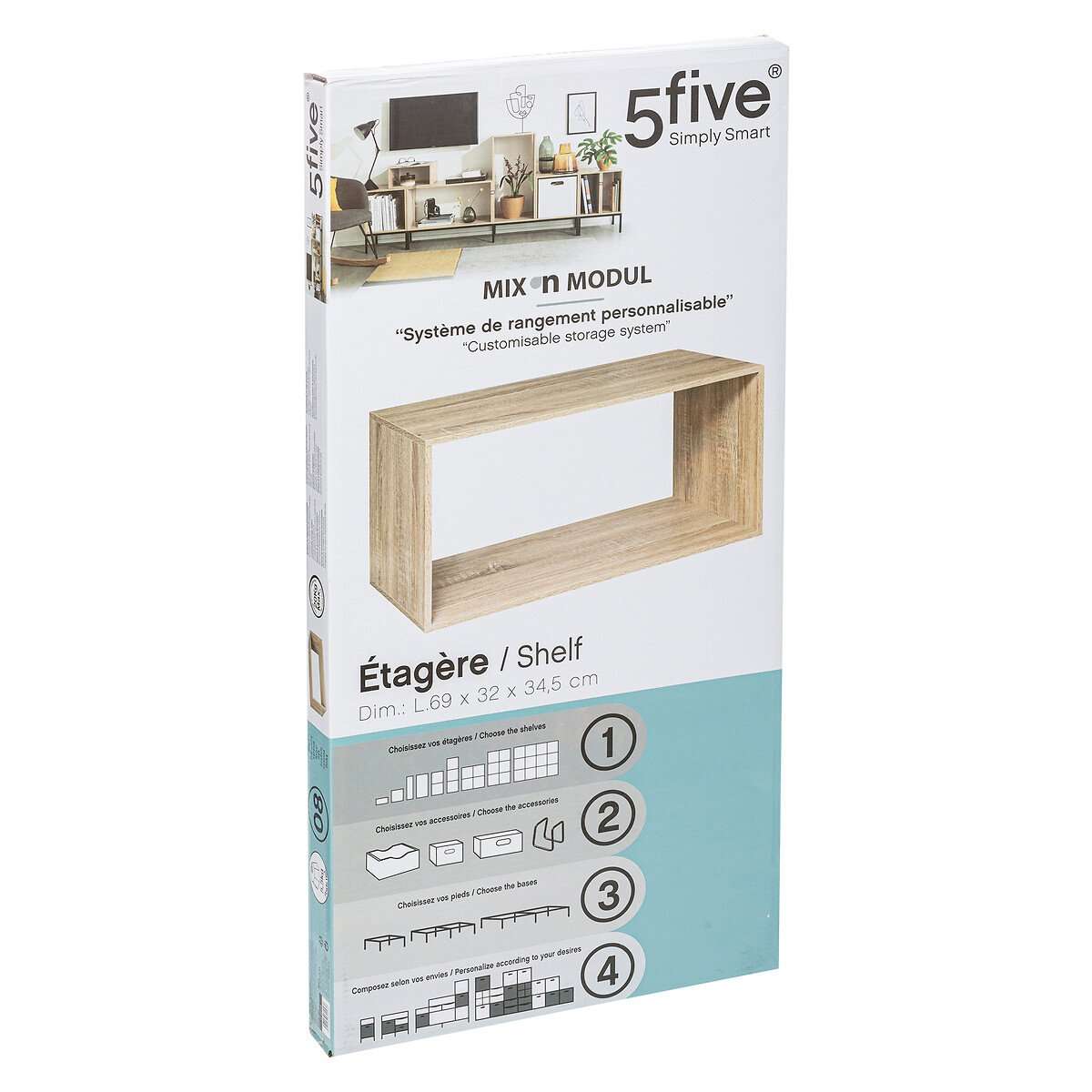 Five zidna polica mix modul 69x32x34,5cm furnir, natural - Image 5