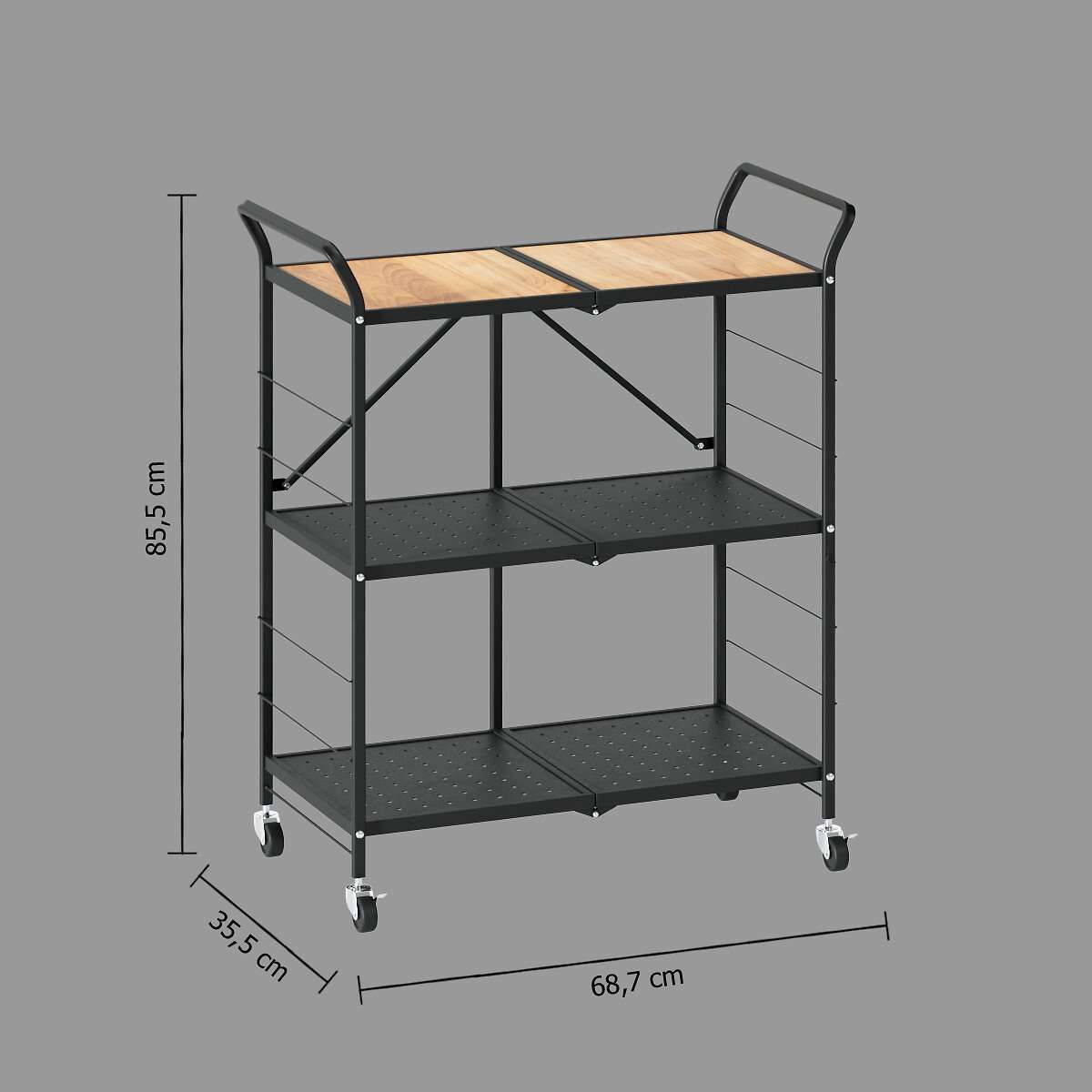 Five kolica kuhinjska sklopiva 68.7x35.5x85.8cm metal bambus crna - Image 7