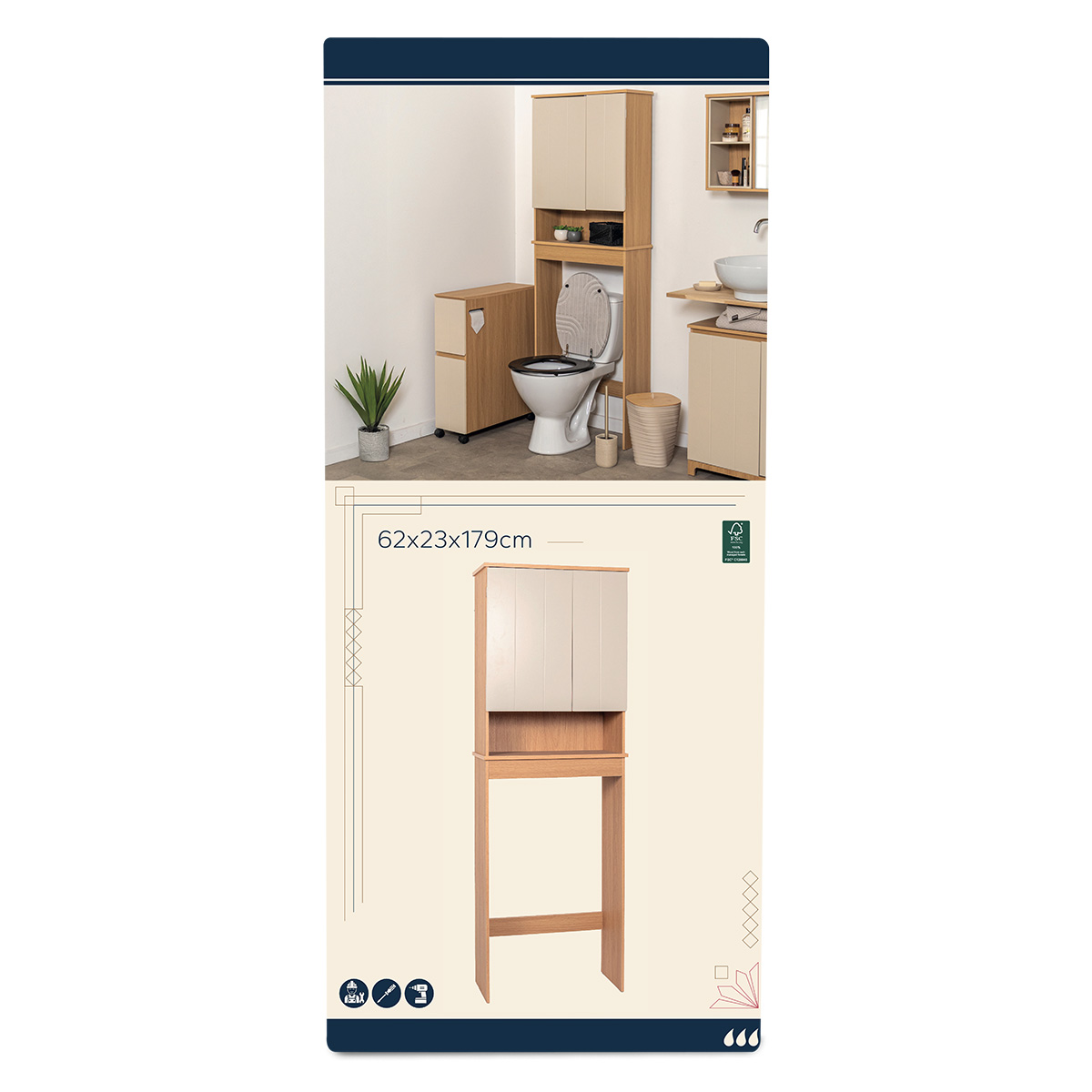 Tendance kupaonski ormarić za iznad wc školjke 2 vrata + 1 polica mdf, rivoli - Image 3
