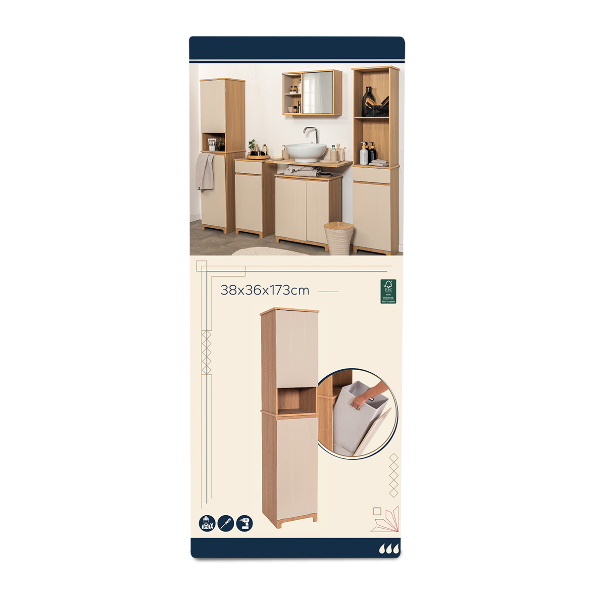 Tendance kupaonski ormarić 2 vrata + 1 polica + 1 ugrađena košara za rublje mdf, rivoli - Image 4